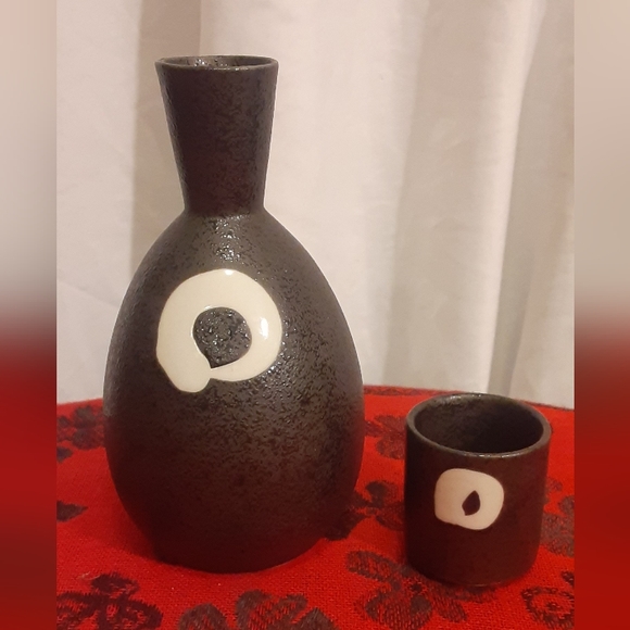 Sake Set for One, Black with White, Salt Glaze (Orangepeel Texture) MCI Japan - Picture 1 of 7